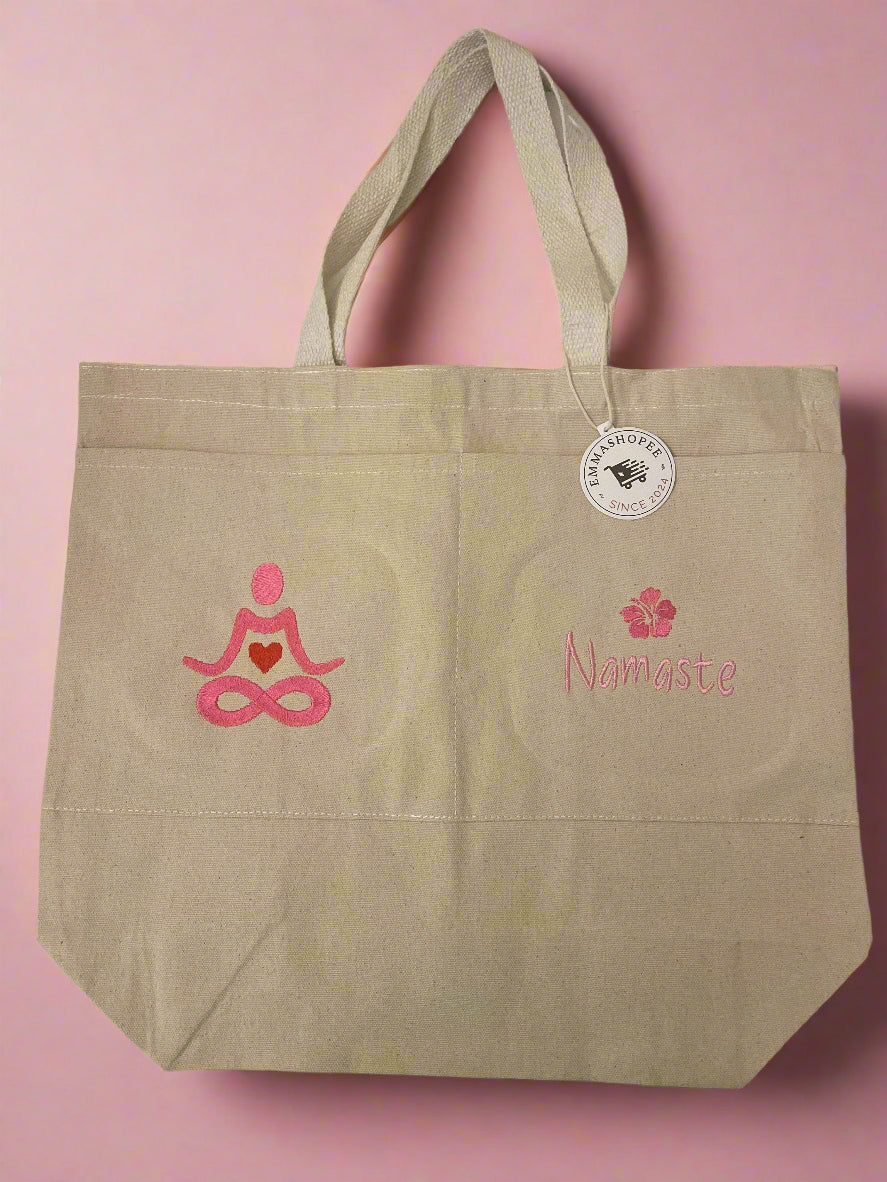 Emboidery "Namaste" Large Canvas Bag with Two Front Pockets