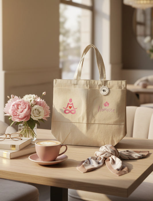 Emboidery "Namaste" Large Canvas Bag with Two Front Pockets