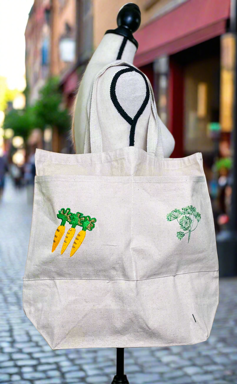 Embroidery Carrot and Dill Large Canvas Tote Bag with Two Front Pockets