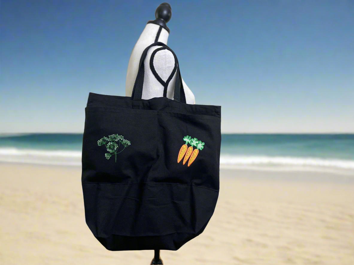 Embroidery Carrot and Dill Black Tote Bag with Two Front Pocket