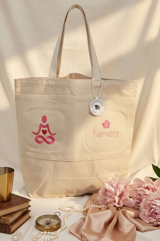 Emboidery "Namaste" Large Canvas Bag with Two Front Pockets