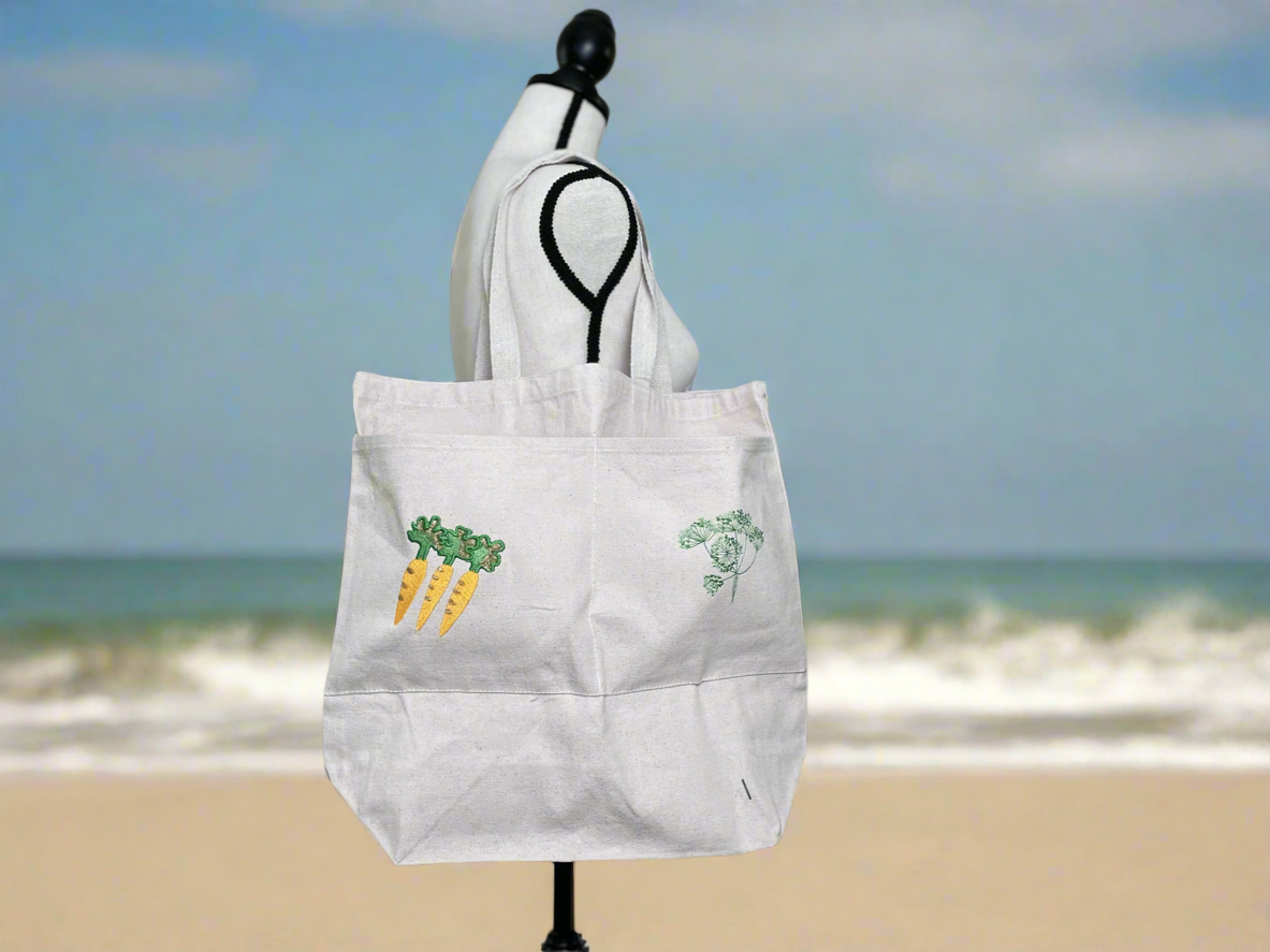Embroidery Carrot and Dill Large Canvas Tote Bag with Two Front Pockets