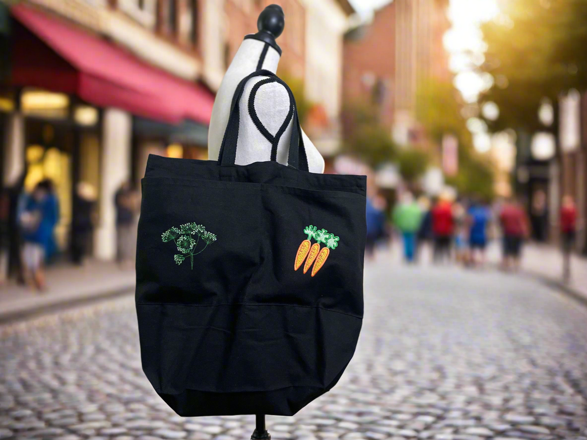 Embroidery Carrot and Dill Black Tote Bag with Two Front Pocket