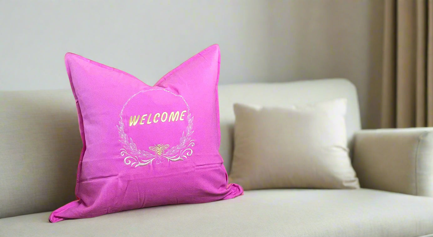"Bee Welcome" Embroidered Pink Pillow