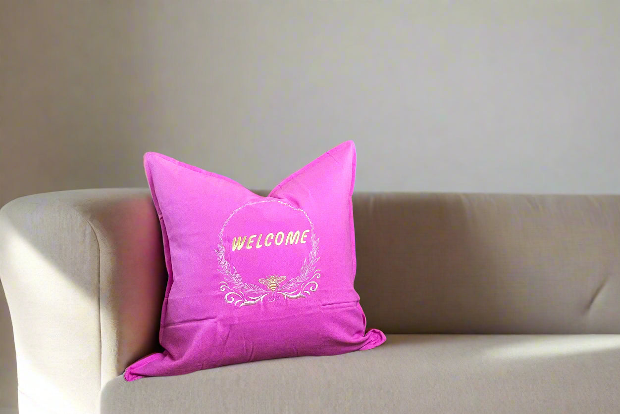"Bee Welcome" Embroidered Pink Pillow