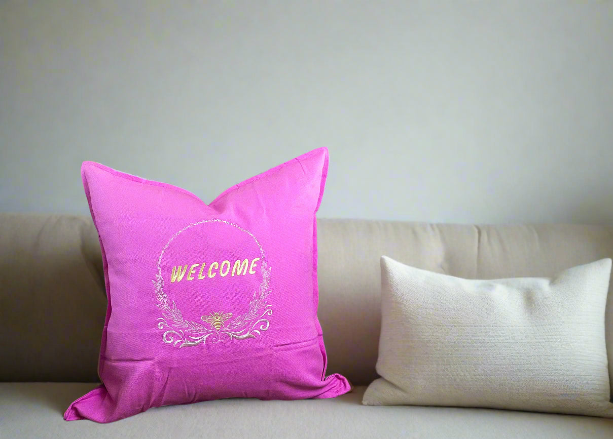 "Bee Welcome" Embroidered Pink Pillow