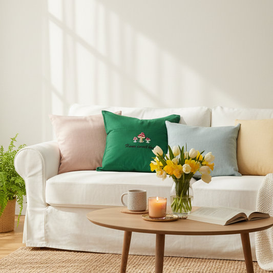 Embroidered "Home Sweet Home" Mushrooms Pillow