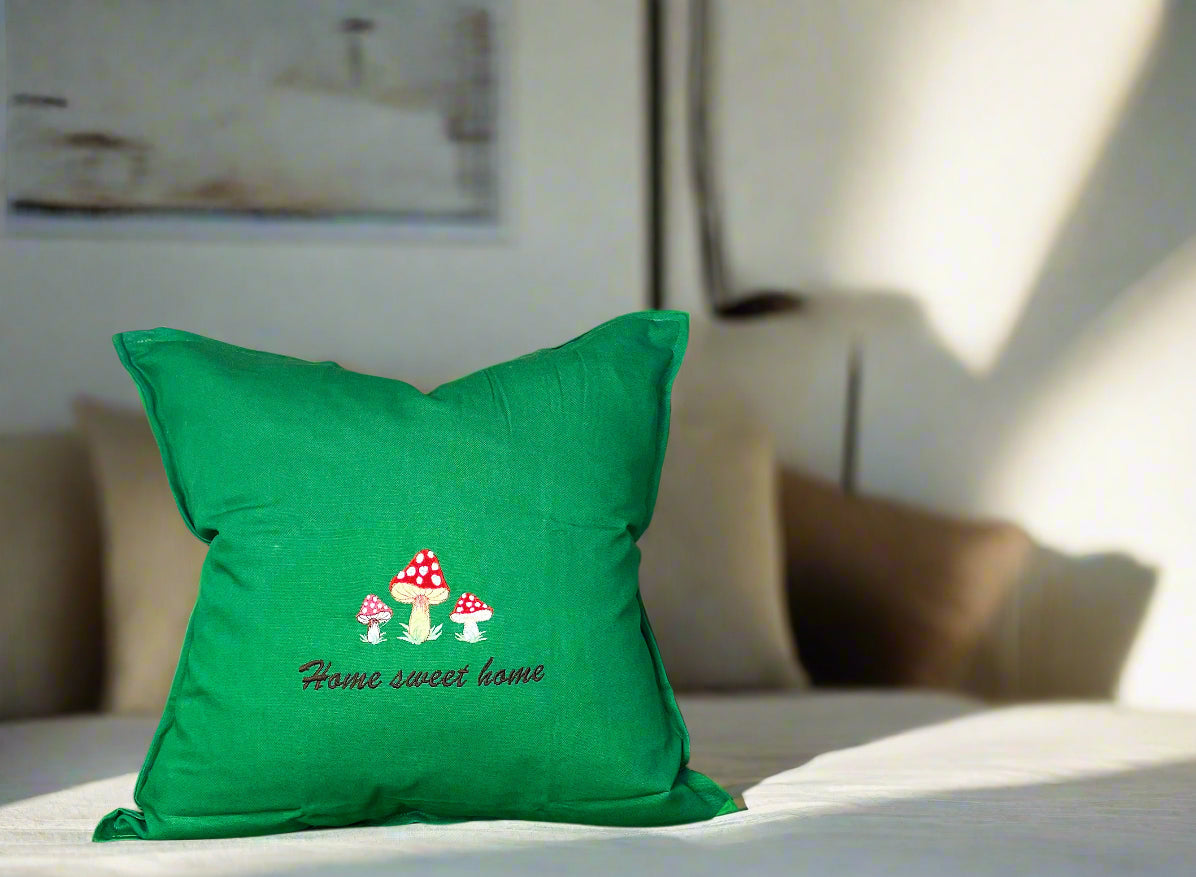 Embroidered "Home Sweet Home" Mushrooms Pillow