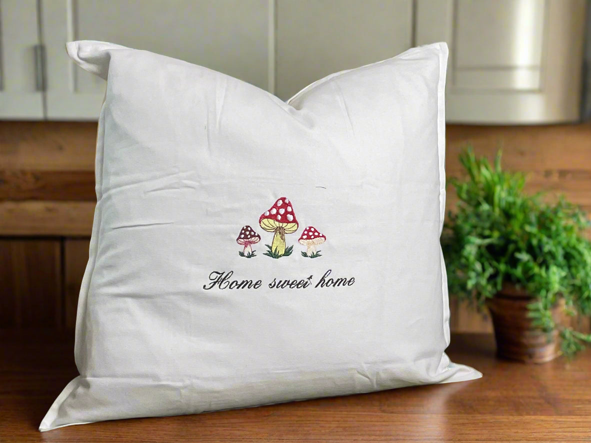 Embroidered "Home Sweet Home" Mushroom White Pillow