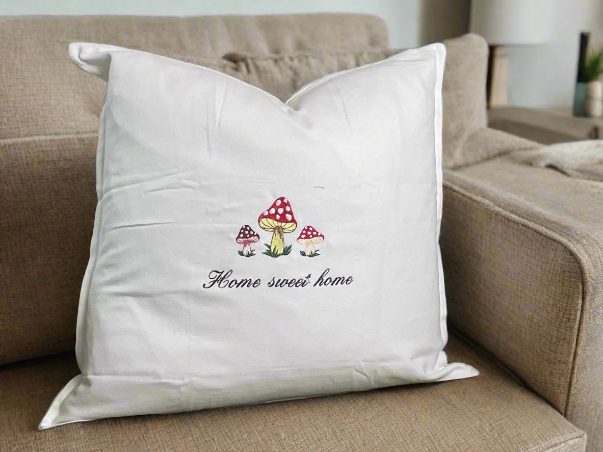Embroidered "Home Sweet Home" Mushroom White Pillow