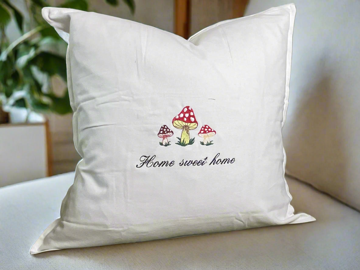 Embroidered "Home Sweet Home" Mushroom White Pillow
