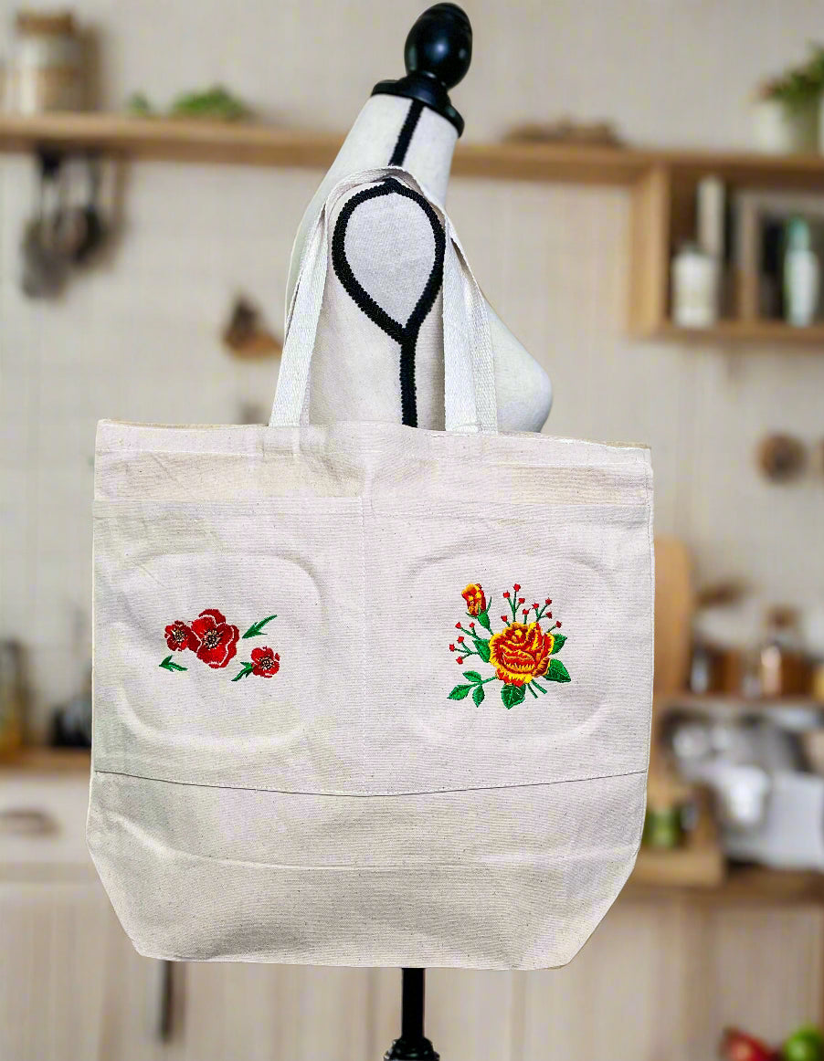Embroidered Flowers Large Tote Bag with Two Pockets