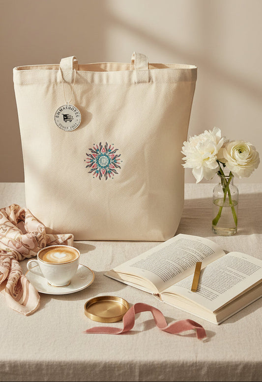 Embroidery Mandala Large White Canvas Tote