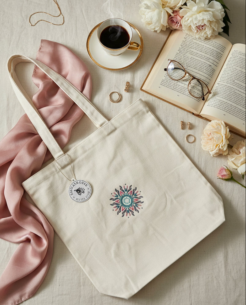 Embroidery Mandala Large White Canvas Tote