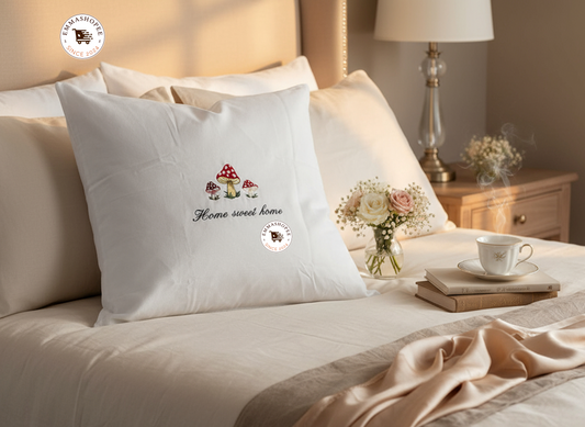 Embroidered "Home Sweet Home" Mushroom White Pillow
