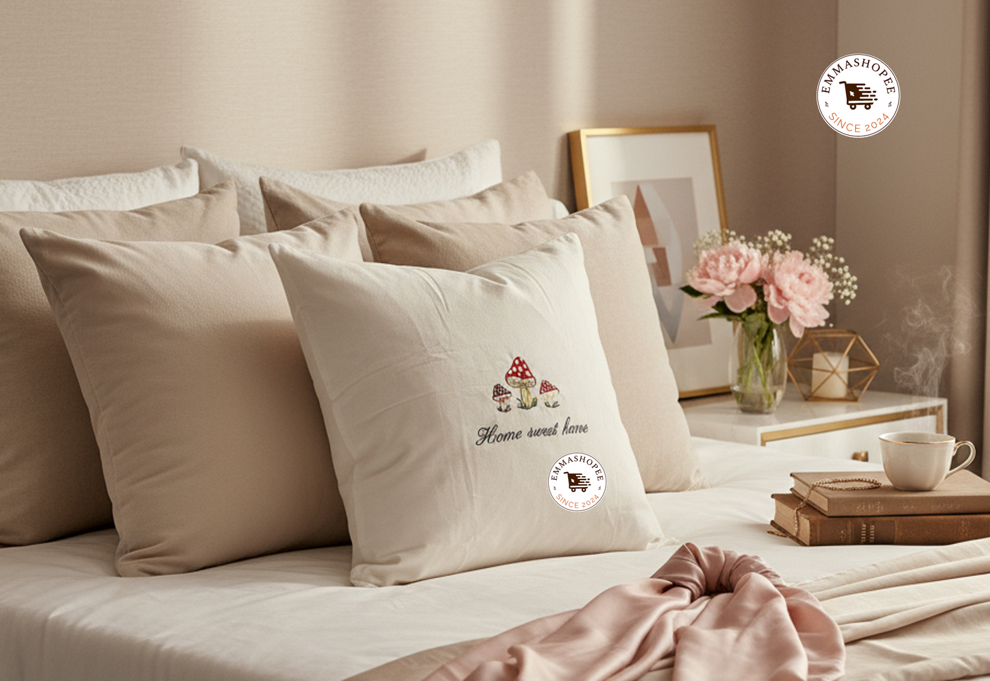 Embroidered "Home Sweet Home" Mushroom White Pillow