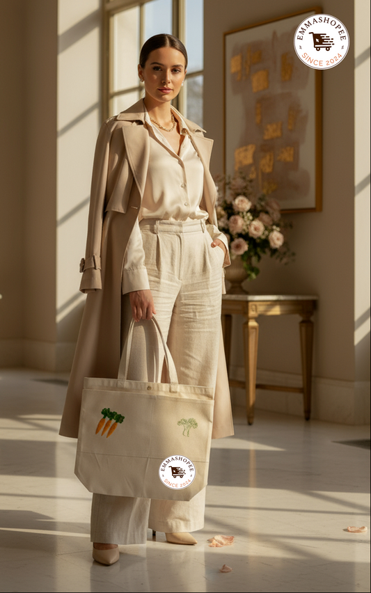 Embroidery "Carrot and Dill" Large Canvas Tote Bag with Two Front Pockets