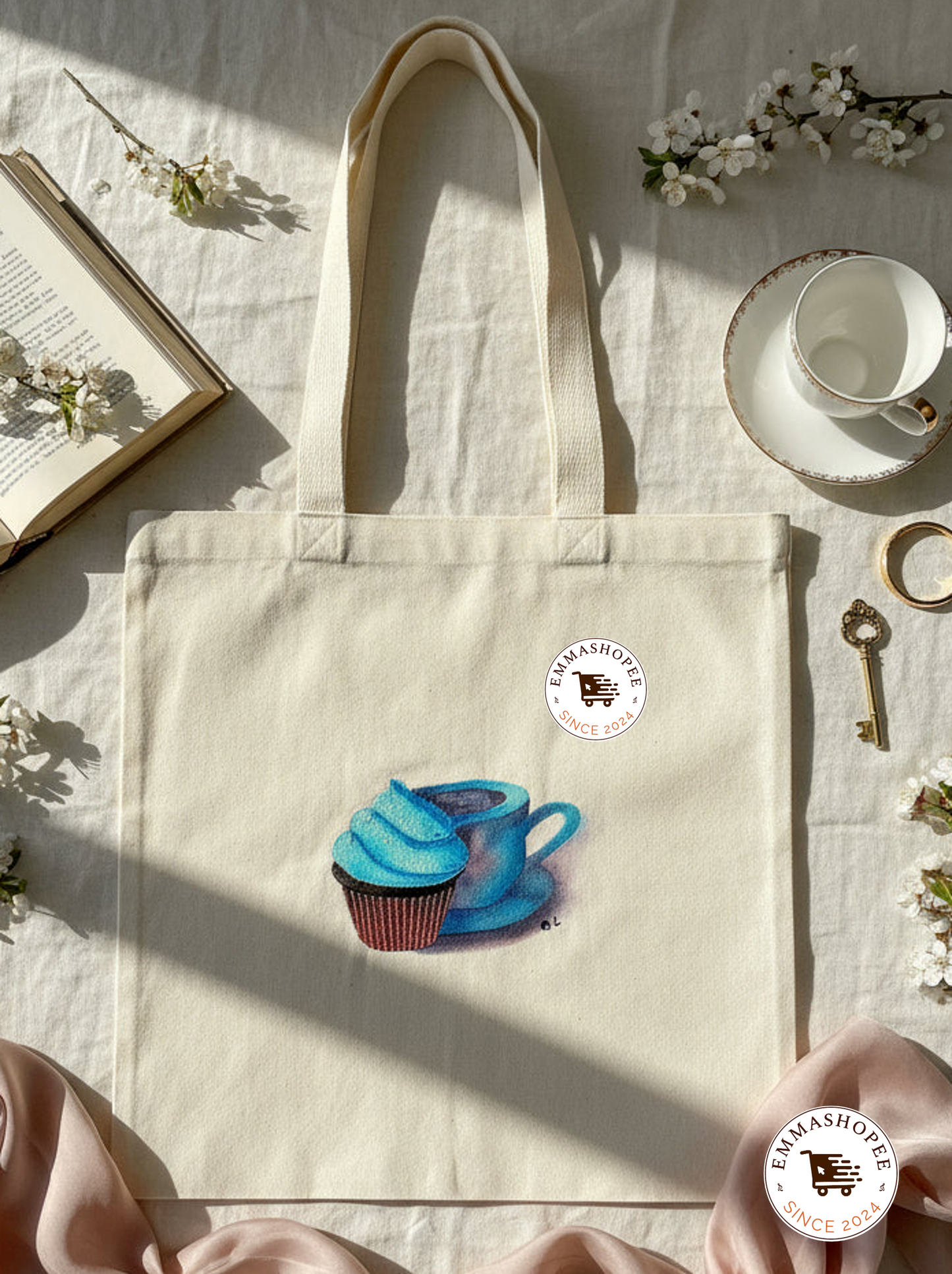 Mix media "Cupcake & Coffee" embroidery and hand-painting canvas tote bag