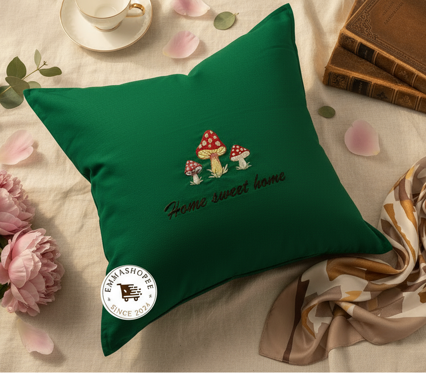 Embroidered "Home Sweet Home" Mushrooms Pillow