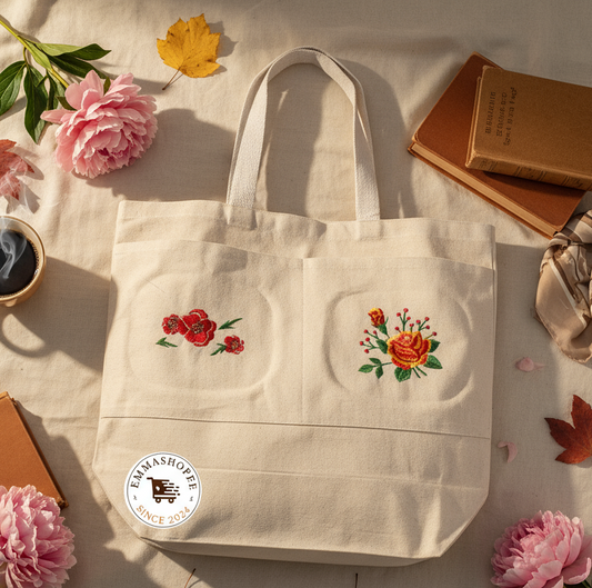 Embroidered Flowers Large Tote Bag with Two Front Pockets