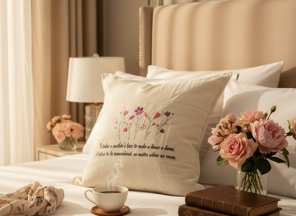 Mother’s Love Embroidery Pillow in White