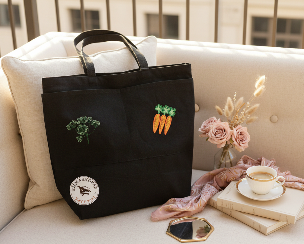 Embroidery Carrot and Dill Black Tote Bag with Two Front Pocket