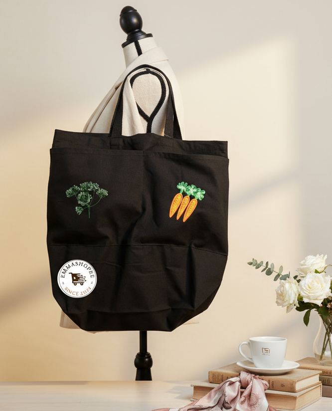 Embroidery Carrot and Dill Black Tote Bag with Two Front Pocket