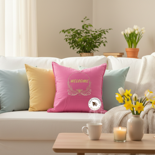 "Bee Welcome" Embroidered Pink Pillow