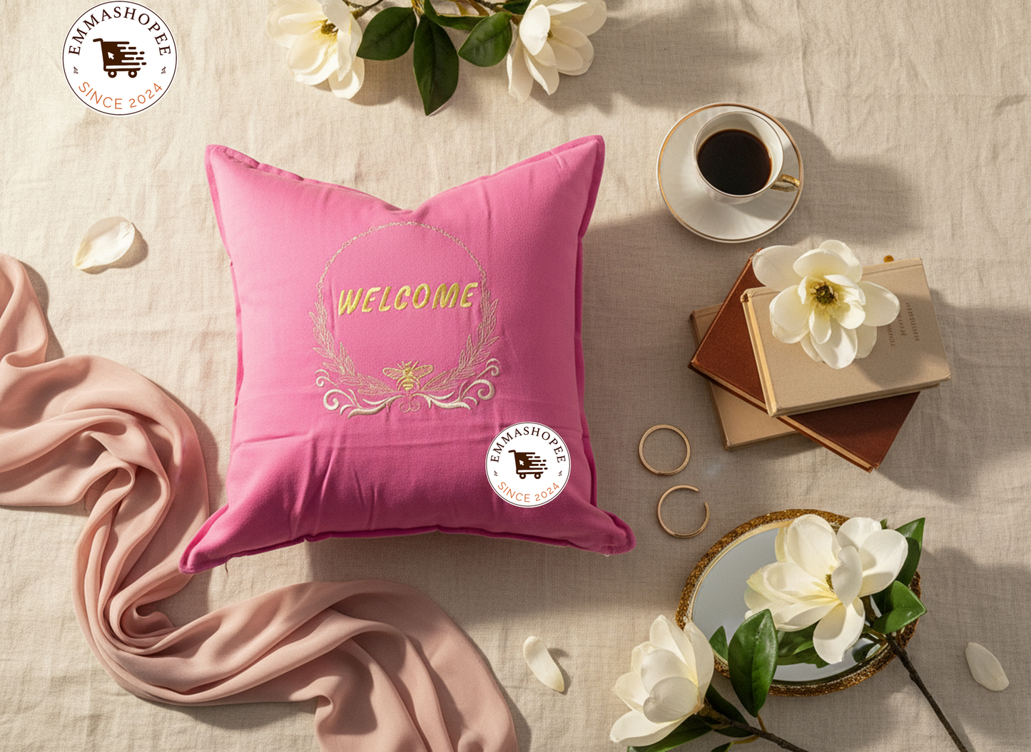 "Bee Welcome" Embroidered Pink Pillow