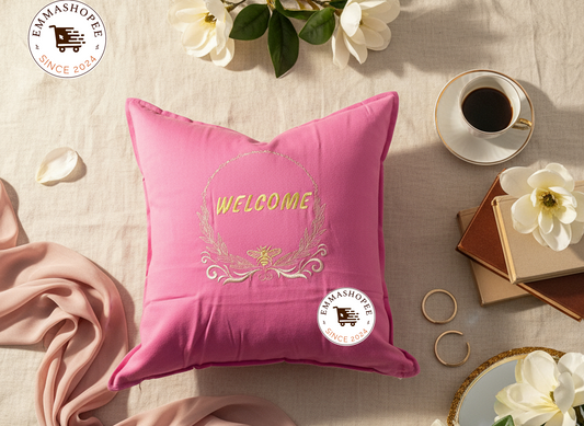 "Bee Welcome" Embroidered Pink Pillow