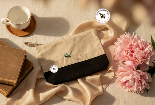 Embroidered "Flowers and Bee" Canvas Zipper Pouch