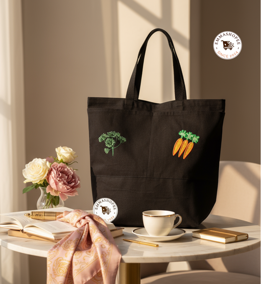 Embroidery Carrot and Dill Black Tote Bag with Two Front Pocket