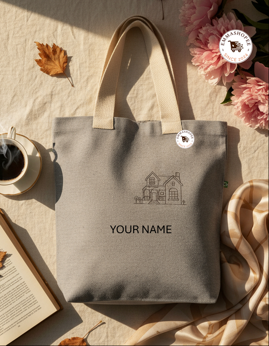 Custom Embroidery House Grey Recycle Cotton Canvas Tote