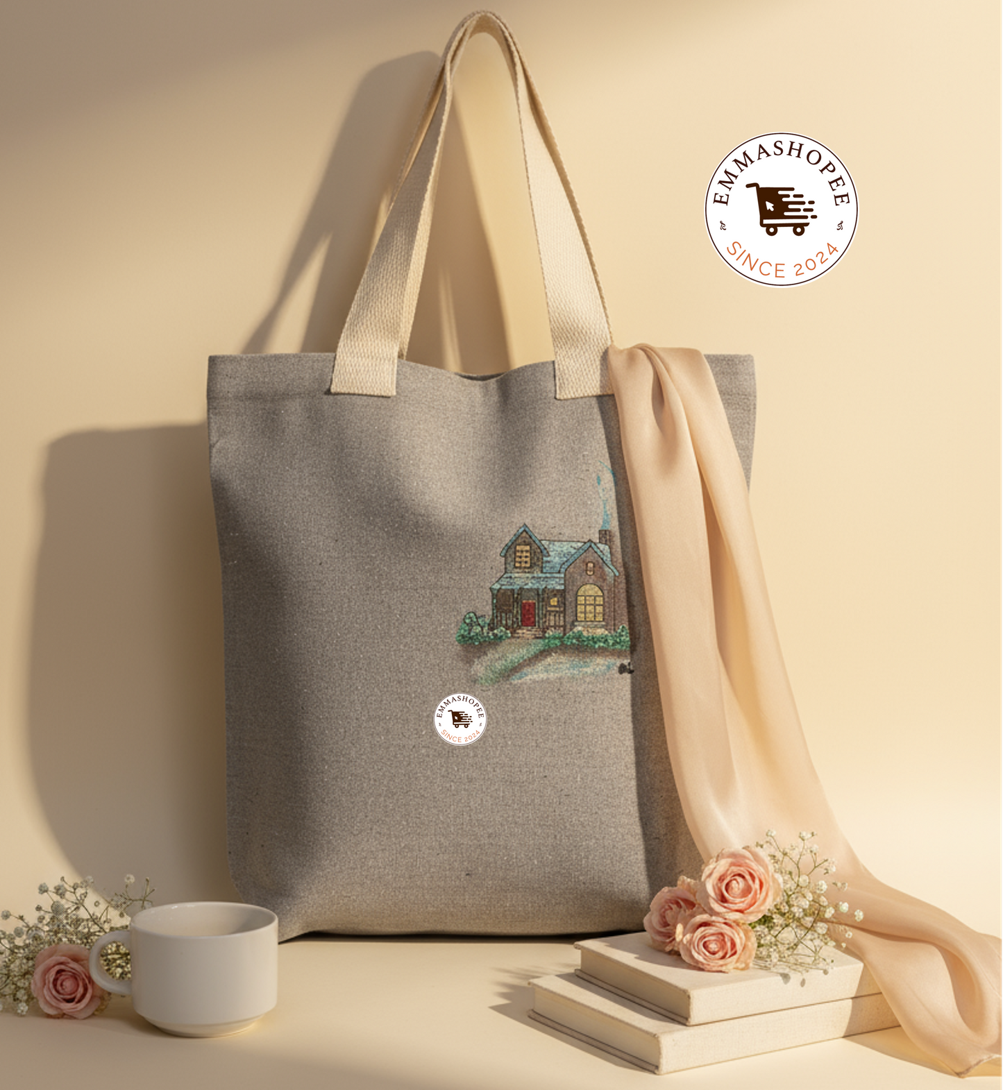“Whispers of winter night” Mix Media of Embroidery and Hand Painted 100% Recycled Cotton Canvas Tote Bag