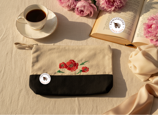 Embroidered Flowers Black/Natural Canvas Zipper Pouch