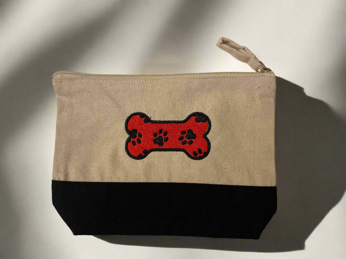 Embroidered "Red Bone Animal Paw Prints" Canvas Zipper Pouch