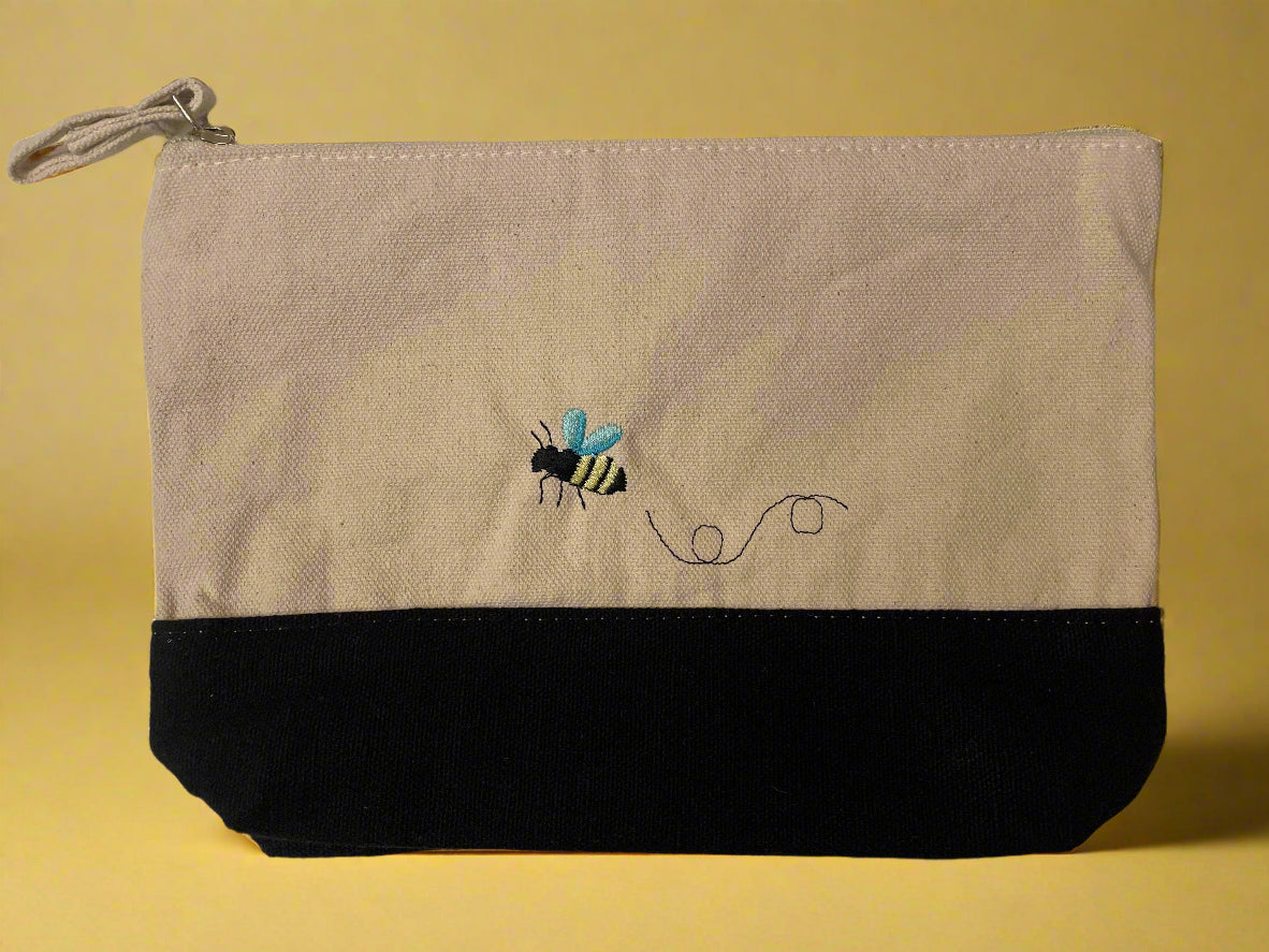 Embroidered "Flowers and Bee" Canvas Zipper Pouch