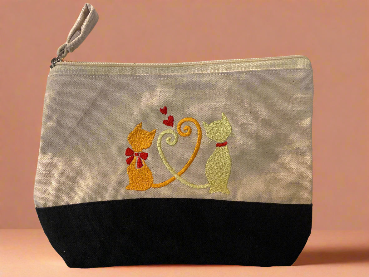 Embroidered "Bonded Pair" Black/Neutral Canvas Zipper Pouch