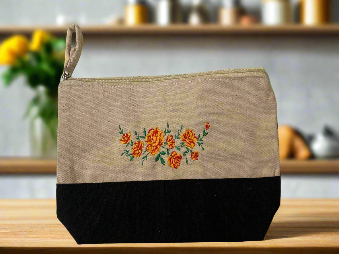 Embroidered "Gloria Dei Rose" Canvas Zipper Pouch