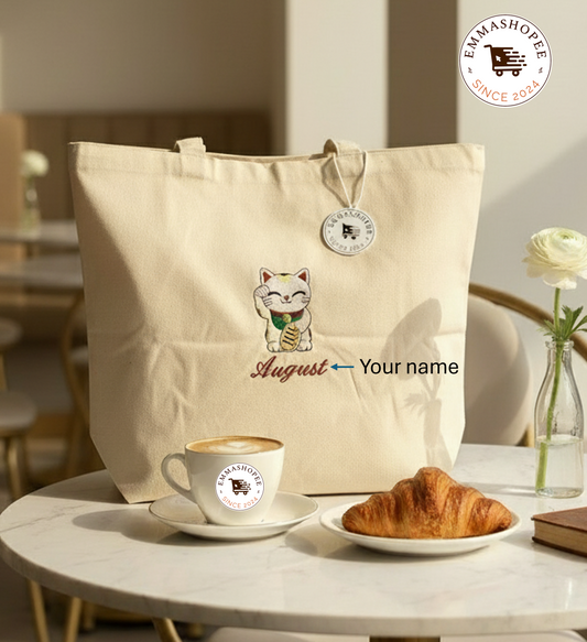 Personalized Embroidery “My Lucky Cat” 100% Cotton Canvas Tote Bag