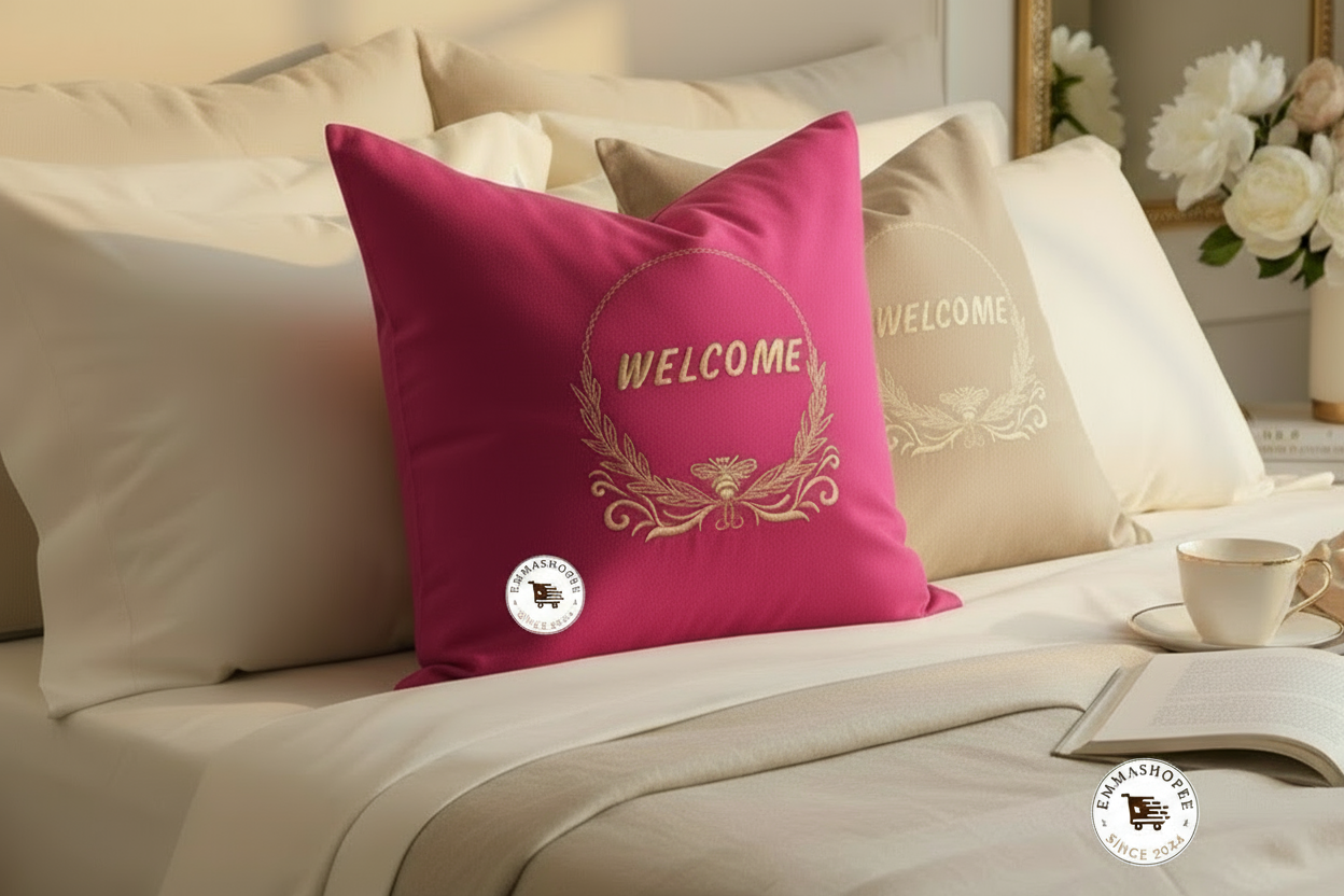"Bee Welcome" Embroidered Pink Pillow