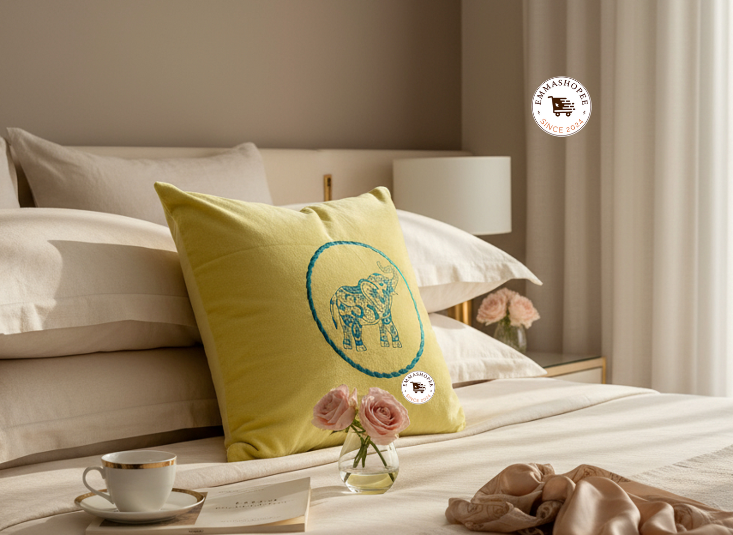 Embroidered Contemporary Blue Elephant on Yellow Velvet 100% Cotton