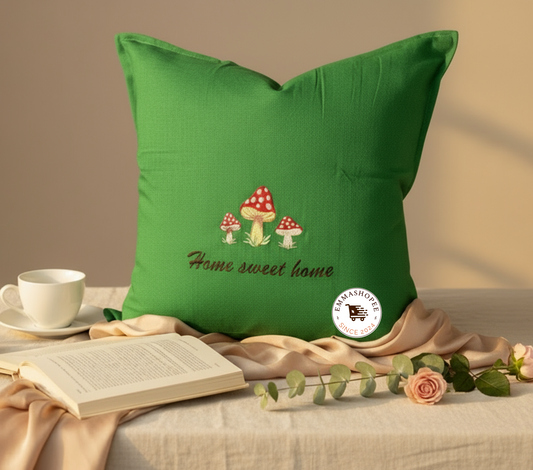 Embroidered "Home Sweet Home" Mushrooms Pillow