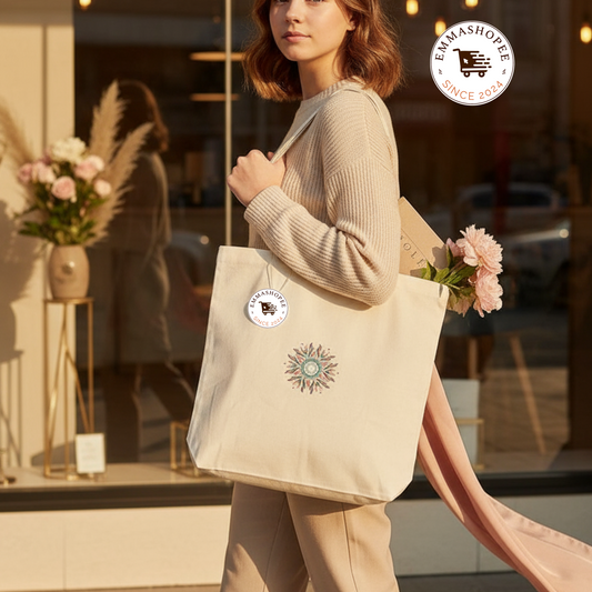 Embroidery Mandala Large White Canvas Tote