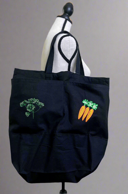 Embroidery Carrot and Dill Black Tote Bag with Two Front Pocket