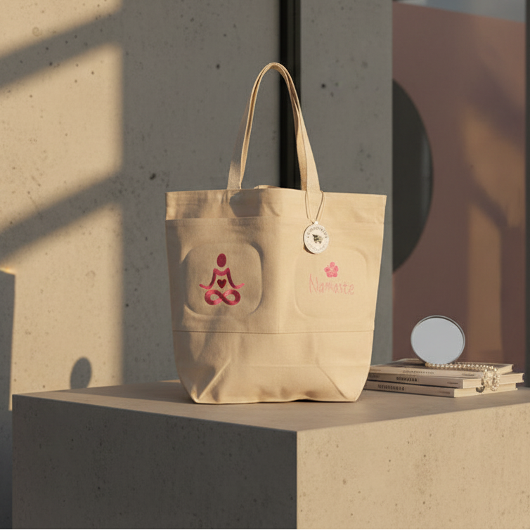 Emboidery "Namaste" Large Canvas Bag with Two Front Pockets