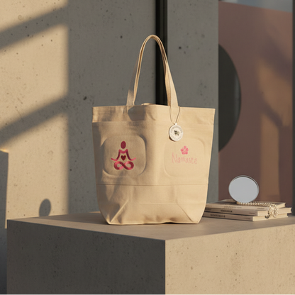Emboidery "Namaste" Large Canvas Bag with Two Front Pockets
