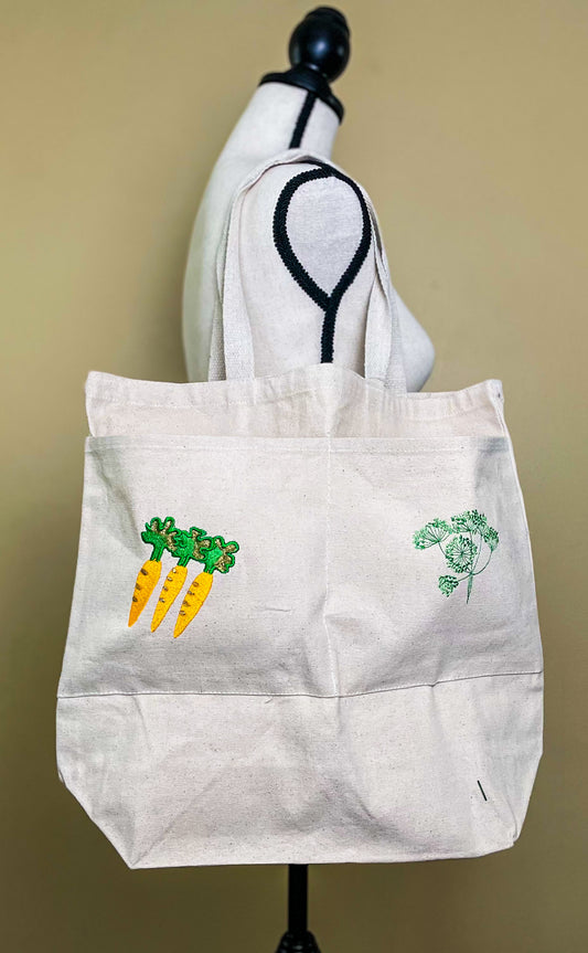 Embroidery Carrot and Dill Large Canvas Tote Bag with Two Front Pockets
