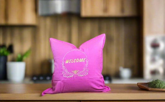 "Bee Welcome" Embroidered Pink Pillow