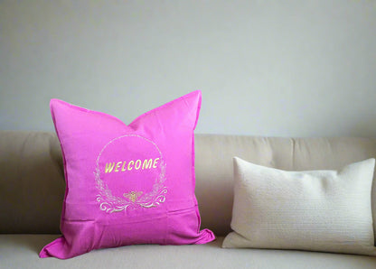 "Bee Welcome" Embroidered Pink Pillow
